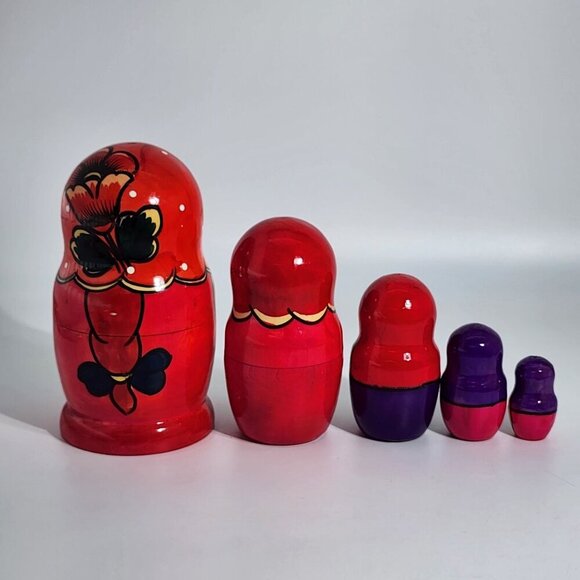 Hand Painted Russian Matryoshka Nesting Dolls Set Of 5 Red Floral Design Traditi - Picture 9 of 12
